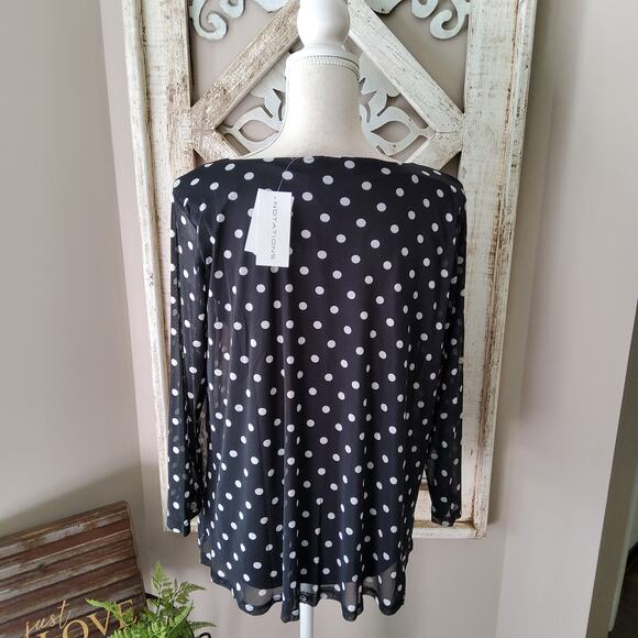 Notations Women's 3/4 Sheer Sleeve Open Drape Embellished Top in Black Polka Dot - Picture 5 of 9